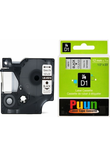 Puun Dymo D1 Serisi Seffaf Etikete Siyah 45010 12Mmx7M Uyumlu