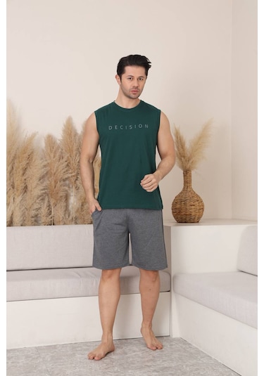 Seboteks %100 Pamuklu Kolsuz Cepli Erkek Şortlu Pijama Takımı 2011 Haki