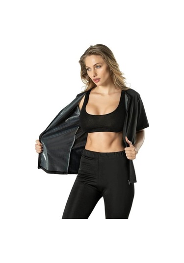 Extra Terletici Kısa Kollu Termal Sauna Pro Fermuarlı Takım Siyah