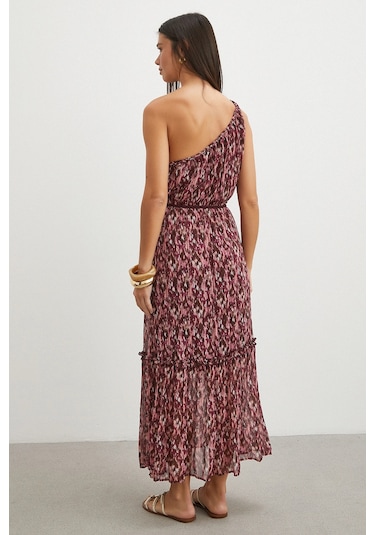 Uterpe One Shoulder Floral Print Maxi Dress Mürdüm
