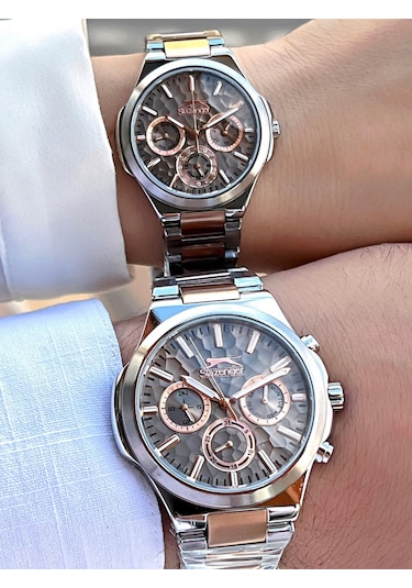 Slazenger Bay Ve Bayan Çelik Kordon Çiftlere Özel 5 Atm Suya Dayanıklı Cift Saati Esl.9.2427.2.02