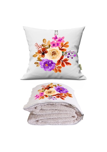 Renkli Çiçekler Baskılı Dekoratif Yastık Kırlent Opsiyonel Battaniye 2 İn 1 Çok Renkli