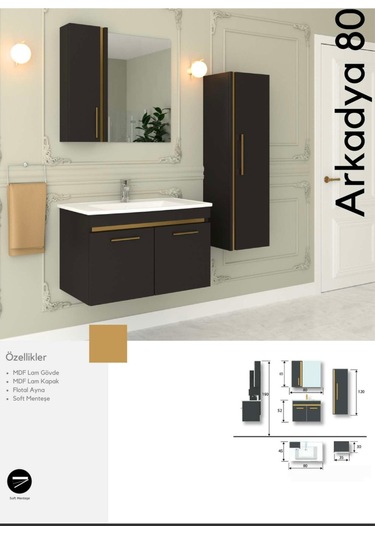 Evros Arkadya 80 Cm Banyo Mobilyası Boy Dolabı Dahil Siyah