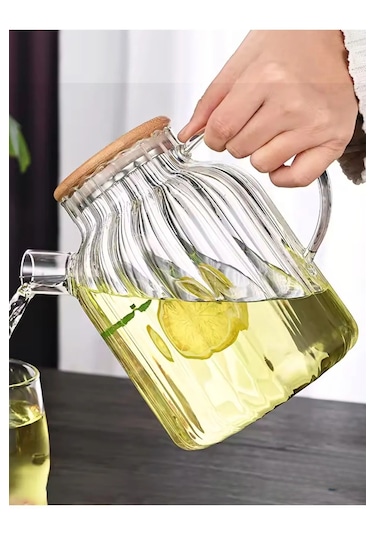 Vakumlu Bambu Kapaklı Isıya Dayanıklı Borosilikat Cam Demlik 1800ml Şeffaf