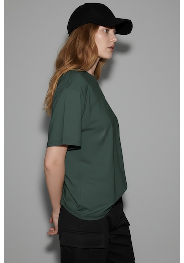Soft&Basic Kadın %100 Organik Pamuk Oversize Fit Basic Yuvarlak Yaka T-shirt Haki