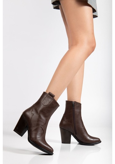 117 Kahve Kovboy Dikiş Detaylı Fermuarlı Yüksek Topuklu Günl... Kahve