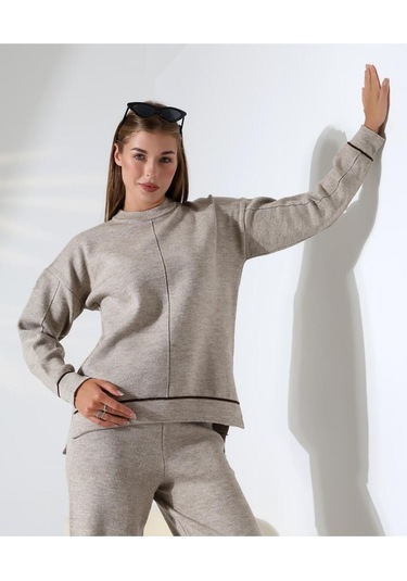 Kontrast Dikişli Kadın Triko Takım Vizon