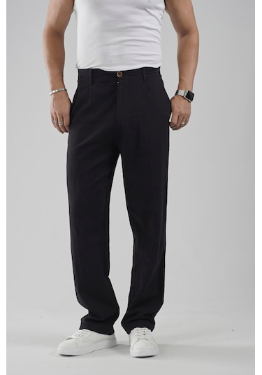 Baggy Fit Kalıp Pamuklu Keten Pantolon Siyah