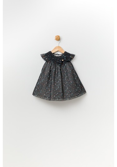 Desenli Tül Kız Bebek Çocuk Elbise 13630 Siyah