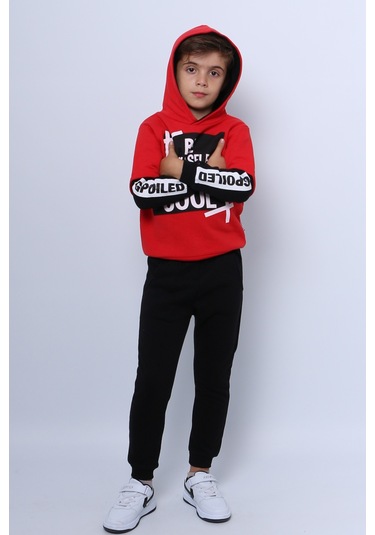 Erkek Çocuk 3 İplik Eşofman Takımı Baskılı Kapşonlu D32 Kırmızı
