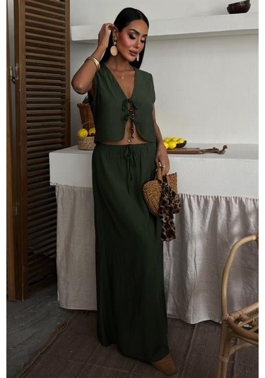 Yelek Önden Bağlamalı Uzun Etekli Takım 10192 Haki