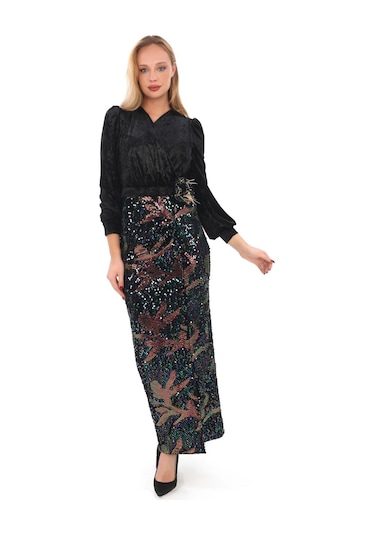 Kruvaze Yaka Payetli Elbise 2750-siyah/bakır Siyah/bakır
