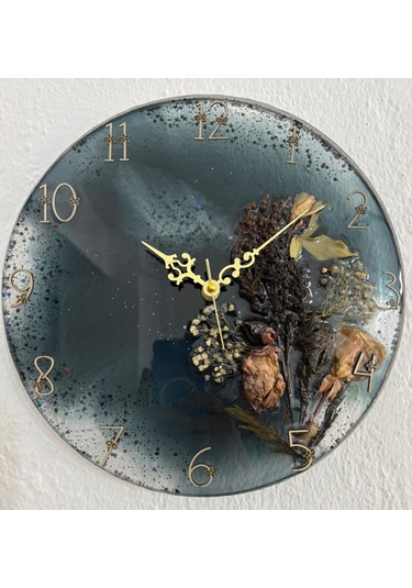 Pelince - Kuru Gül Ve Doğal Çiçekli - Siyah - Epoksi Duvar Saati Özel Tasarım - Tek Üretim - 30 Cm Siyah