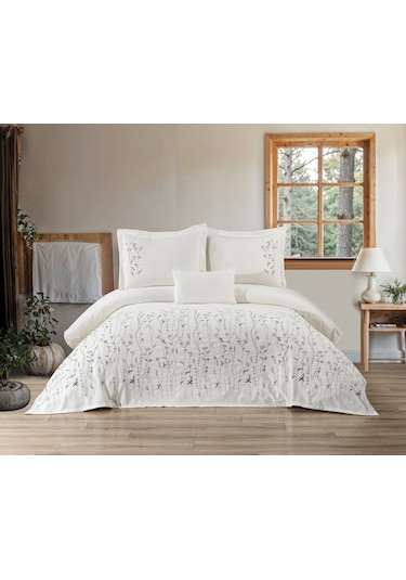 Bohem Çiçekli 4 Parça Gri Pike Takımı 240 X 260 Cm Gri