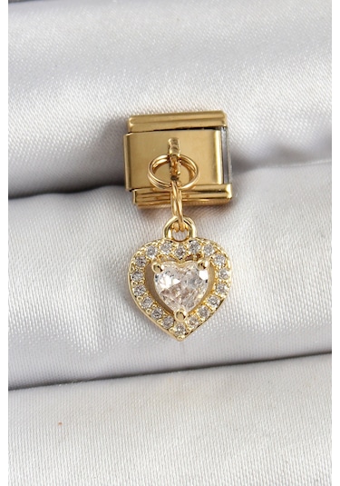 316l Çelik Sallantılı Zirkon Taşlı Kalp Model Gold Renk Nomination Charm Çok Renkli