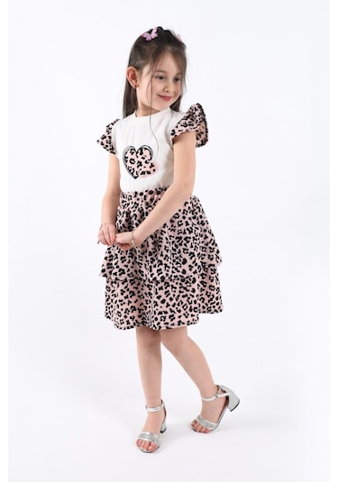 Aden Kids Kız Çcouk Leopar Desenli Alt Üst Etekli Takım Çok Renkli