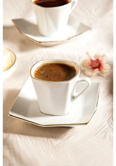 Nehir Menekşe 12 Parça 6 Kişilik Porselen Kahve Fincan Takımı Beyaz