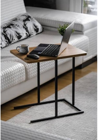 Metal Yan Sehpa Ahşap Raflı Koltuk Yanı Servis Sehpası C Sehpa