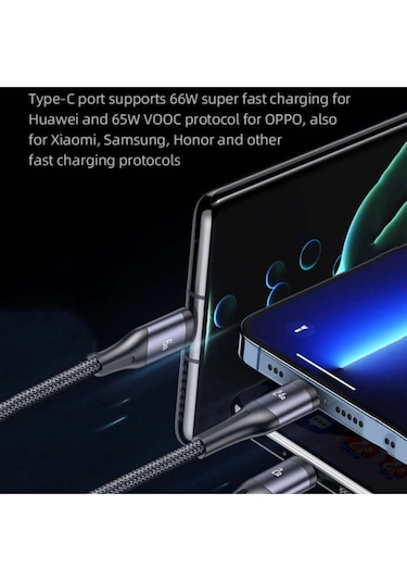 Usams Sj582 66w 3in1 Alüminyum Alaşımlı Şeffaf Dijital Ekran Hızlı Şarj Kablosu 1.2m