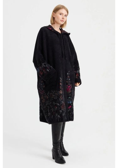 Desen Triko Kadın Triko Kırçiçeği Desenli Afrodit Panço 23065 Siyah Siyah