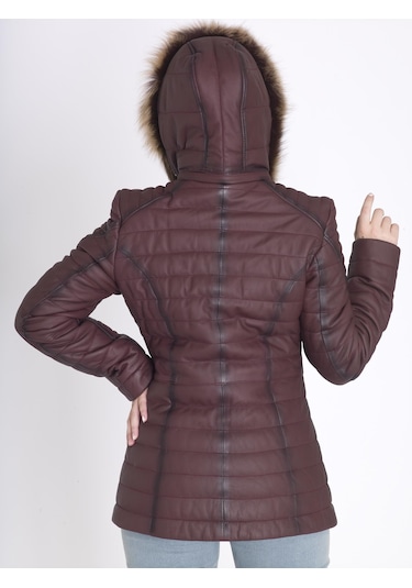 Kadın Gerçek Deri Şişme Kaban Bordo