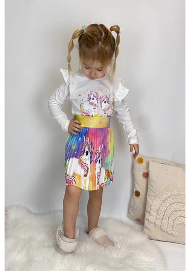 Unicorn Desenli Renkli Kız Çocuk Etekli Takım Kahverengi