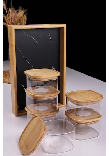 Duo 400ml 6'lı Bambu Siyah Mermer Desen Tepsili Bambu Vakumlu Kapaklı Cam Kahvaltılık Bambu