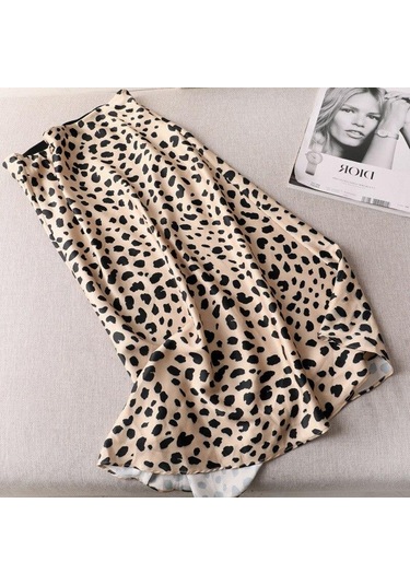 Qooth Kadın Yaz Yüksek Bel Saten Leopar A-line Etek Zarif Vintage Retro Moda Midi Etek Qt1823 Leopar