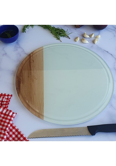 Kanallı Cam Kesme Tablası | Kenarı Ahşap Desenli | Çap32cm