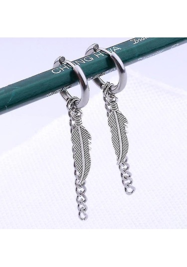 Samdoo Erkekler İçin Gümüş Renkli Tüy Pendanlı Vintage Metal Çember Küpe - Deliksiz Tasarım, Konforlu Taşım, Paslanmaz Çelik Malzeme Diğer