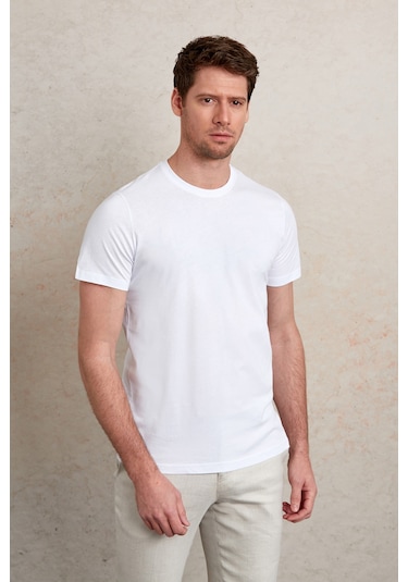 Hatemoğlu Regular Fit Pamuk Bisiklet Yaka Baskılı Jersey Erkek Tişört Beyaz