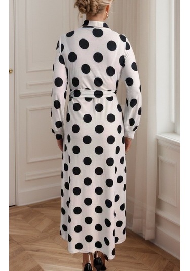 Nnstartshopping Kadın Uzun Kollu Kruvaze Yaka Yandan Bağlamalı Krep Tam Boy Elbise BEYAZ Beyaz