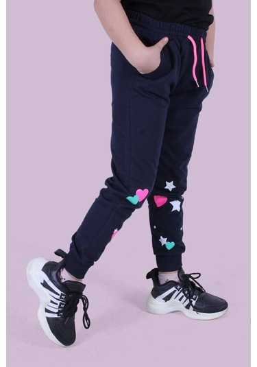 Kalp Ve Yıldız Desen Detaylı Kız Çocuk Lacivert Eşofman Altı Lacivert