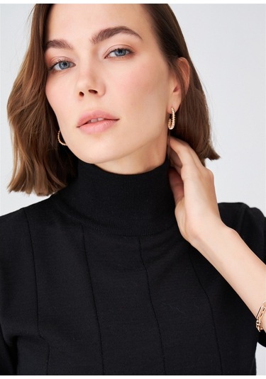 Peraluna Balıkçı Yaka Kısa Kollu Basic Kadın Triko Bluz Siyah-Siyah