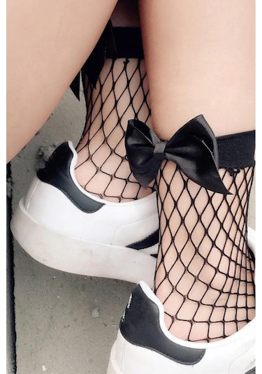 Heleni Kadın File Desenli Siyah Fiyonklu Siyah Soket Çorap Siyah