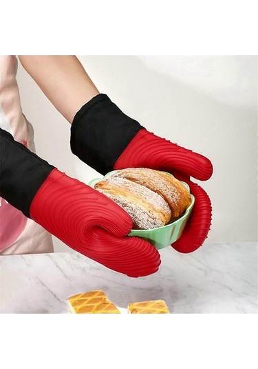 Moly Isıya Dayanıklı Fırın Eldiveni - Anti-ayak Basma, Pamuk İnçli, Kırmızı, 25x38cm Kırmızı