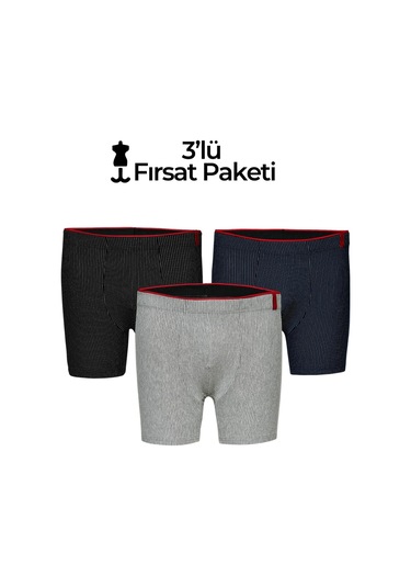 Weweus Siyah Lacivert Gri 3'lü Pamuk Elastan Çizgili Boxer 14923 Siyah - Lacivert - Gri