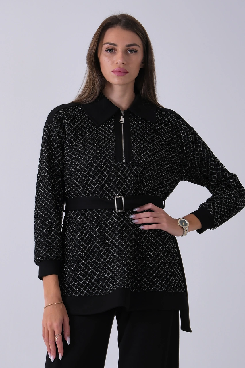 Feminist Siyah Tunik Yaka Fermuar Kapamalı File Detaylı Pantolonlu Takım 4577283.01 Siyah