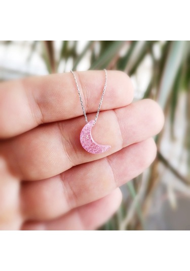 Gümüş Pembe Buzlu Taş Ay Kolye G797Klt2 Altınsepeti