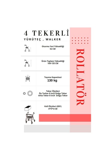 Rolatör 4 Tekerli Yürüteç Rollatör Lüx Oturaklı