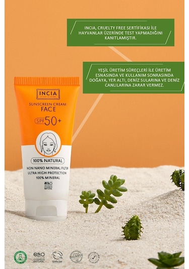 INCIA %100 Doğal Yüz Güneş Kremi Leke Karşıtı Mineral Filtreli Yüksek Koruma SPF 50+ UVA UVB 50 ML