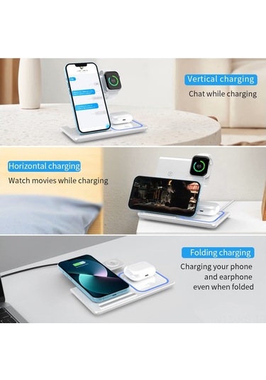 Reedark 3'lü Çok Fonksiyonlu Çift Yönlü Kablosuz Şarj Aleti - Telefon, Saat Ve Kulaklık İçin 15w Hızlı Şarj,  Uyumlu, Siyah, Taşınabilir