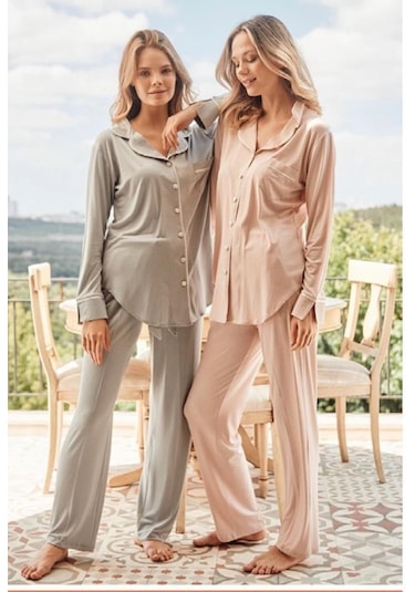 Bone Club 5126 Gri Noktalı Önden Düğmeli Lohusa Pijama Tk 001