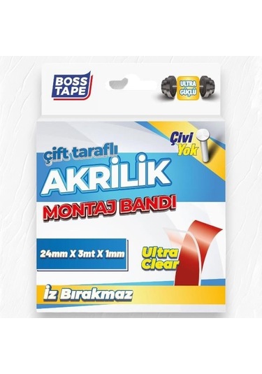 Boss Tape Çift Taraflı Akrilik Montaj Bandı- 18mmx3mt Şeffaf
