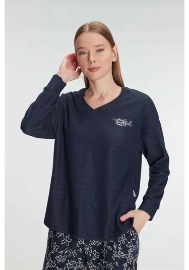 Aria's Closet Uzun Kol Sweatshirt Pantolon Pijama Takımı Lacivert