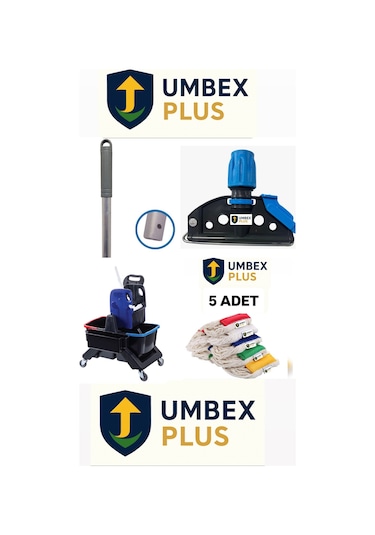 Umbex Çift Kovalı Krom Temizlik Arabası Paspas Arabası Islak Mop Seti 5 Adet Mop