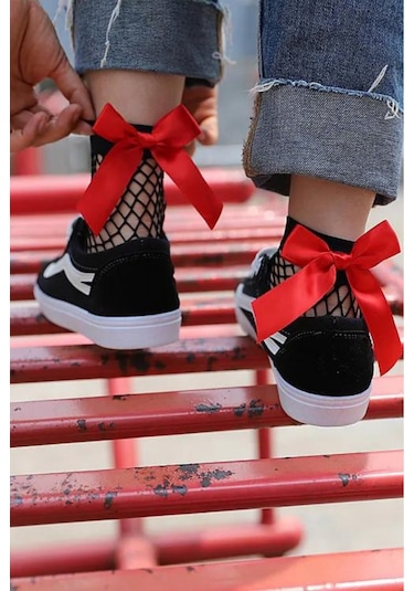 Heleni Kadın File Desenli 3 Çift Fiyonklu Soket Çorap Beyaz - Kırmızı - Siyah