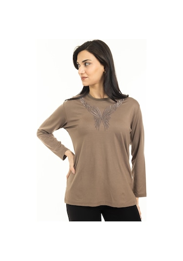 Yeni Sezon Kadın Orta Yaş ve Üzeri Yeni Desen Triko Yaka Likralı Anne Penye Bluz 30520-vizon Vizon