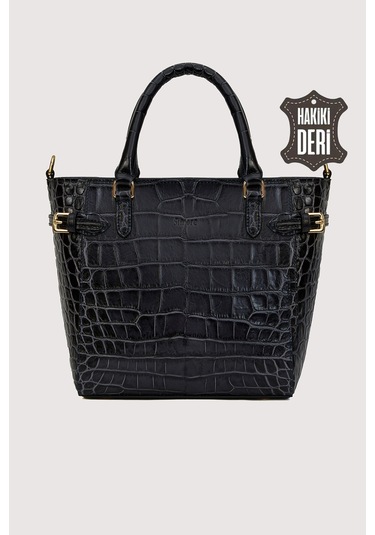 Hakiki Deri Kadın El Çantası Siyah Kroko Smr7922 Siyah Kroko
