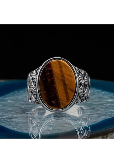 925 Ayar Gümüş Örgü Desen Düz Kaplan Gözü Taşlı Erkek Yüzük - 516126941